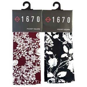 2-Pack, 1670 Pocket Squares Burgundy Floral & Black with White Roses, Cotton